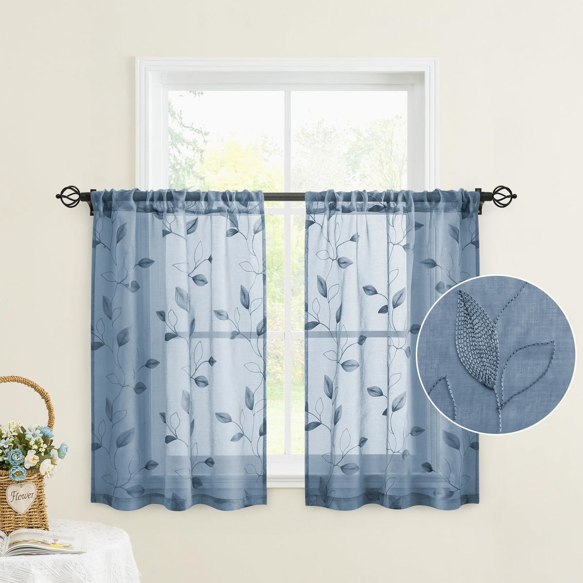 HOMEIDEAS Sage Green Kitchen Tier Curtains Leaf Embroidered, 30x36, 2 Panel