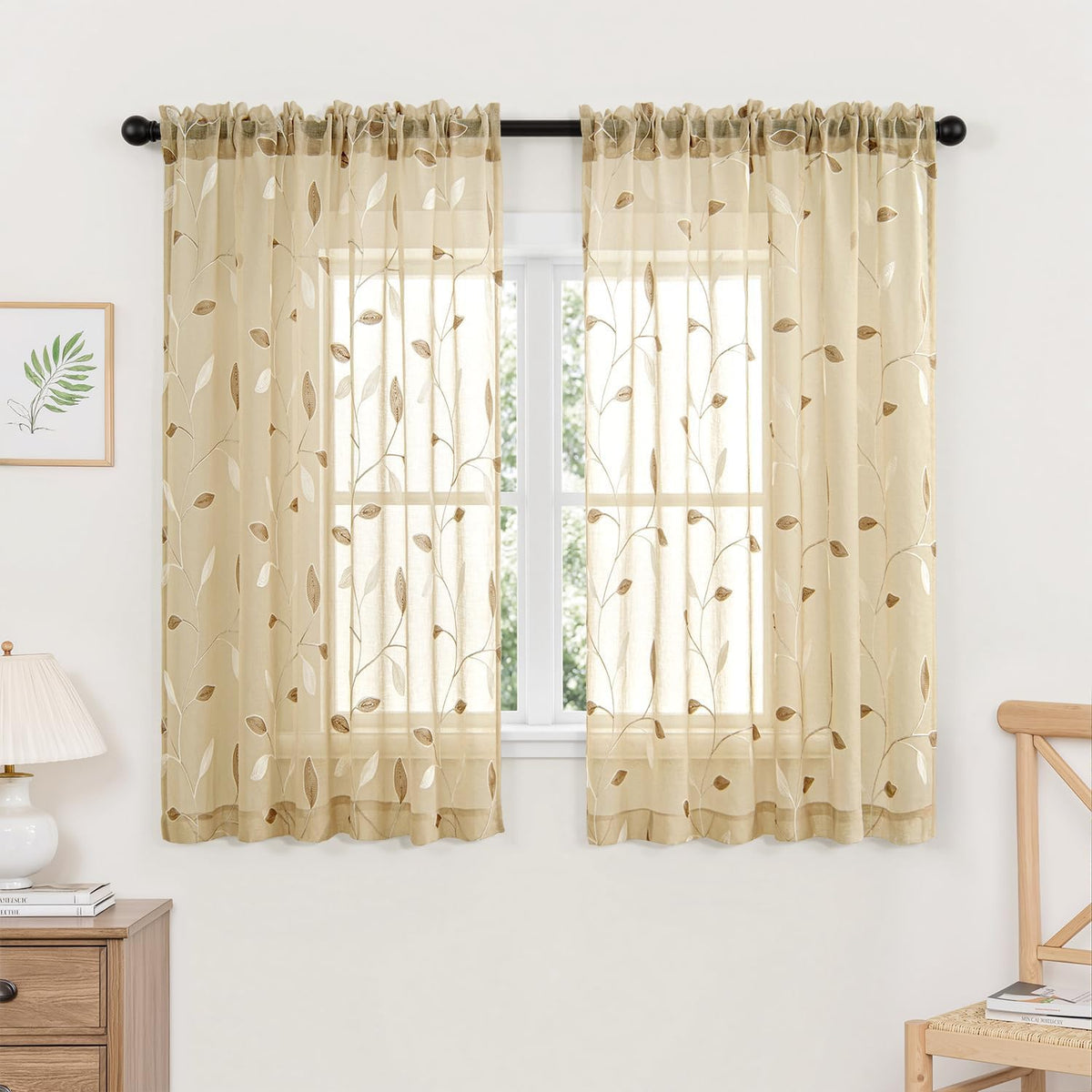MIULEE Beige Sheer Curtains 2 Panels Embroidered Leaf Patterned, W52 x L63