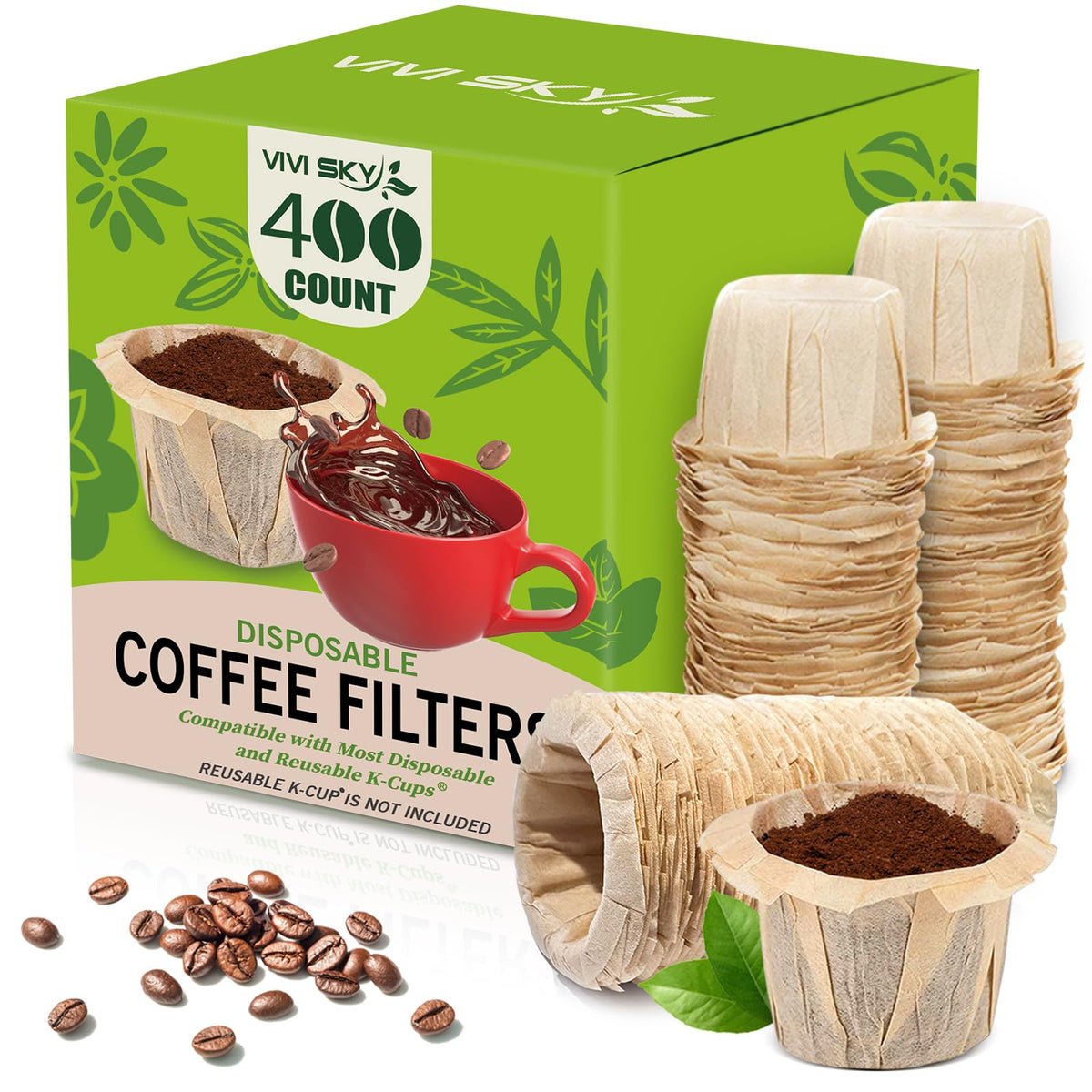 VIVI SKY Disposable K Cup Coffee Filters 400 Natural Paper Liners No Lids