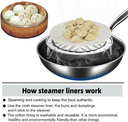 Reusable Bamboo Steamer Basket Liner for Cooking (Sets of 3 Sizes) - Non Stick Dumpling Steam Cloth Thicked Gauze Mats - 15"/12"/10" Kits