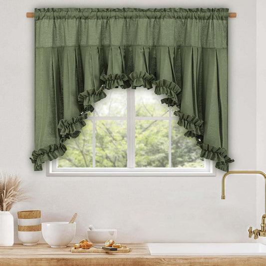 Likiyol Linen Valances for Windows Farmhouse Ruffle Swag Valance Rustic Country Window Valances Light Filtering Kitchen Curtains Rod Pocket Valance Curtains for Bathroom Cafe, Green, 60" W x 36" L