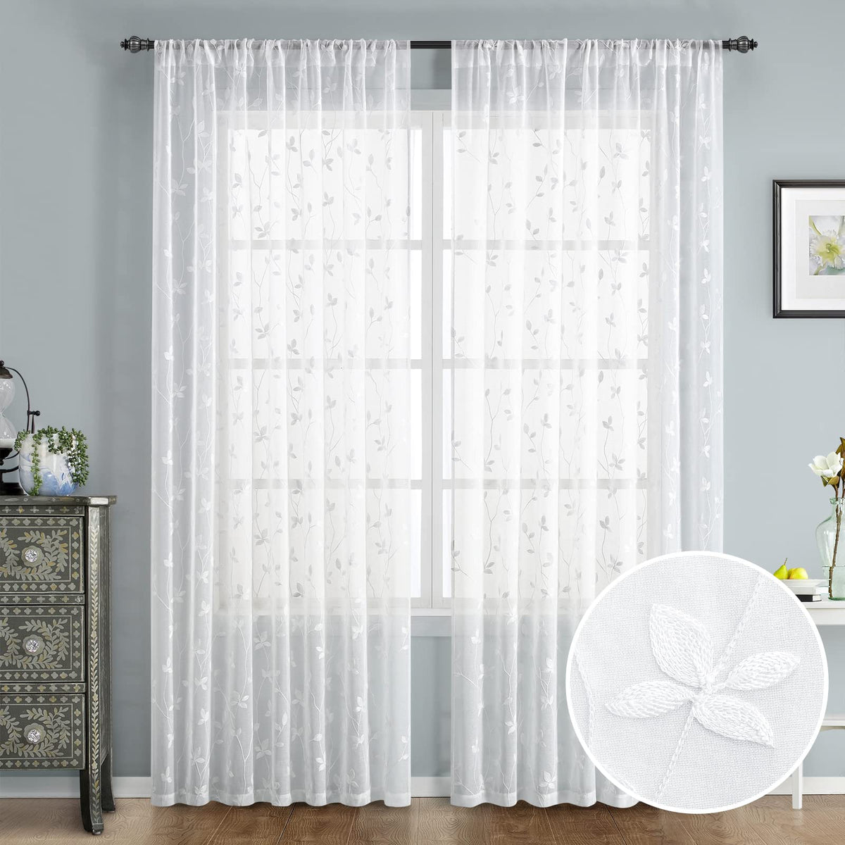 HOMEIDEAS Sage Green Kitchen Tier Curtains Leaf Embroidered, 30x36, 2 Panel