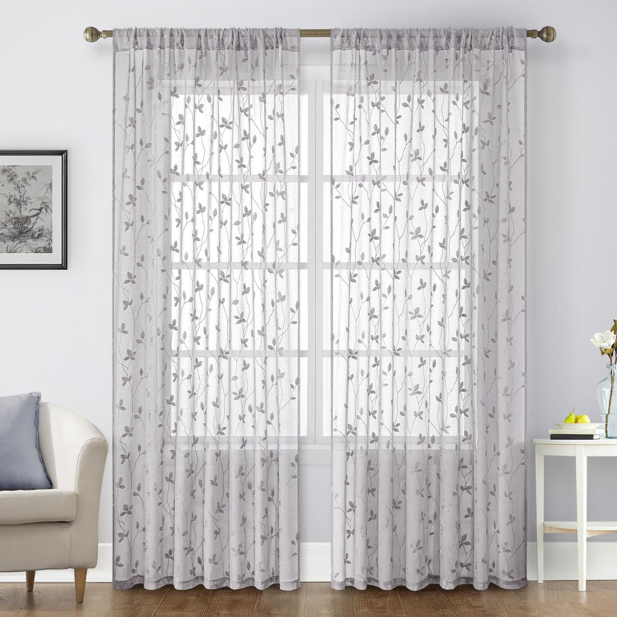 HOMEIDEAS Sage Green Kitchen Tier Curtains Leaf Embroidered, 30x36, 2 Panel