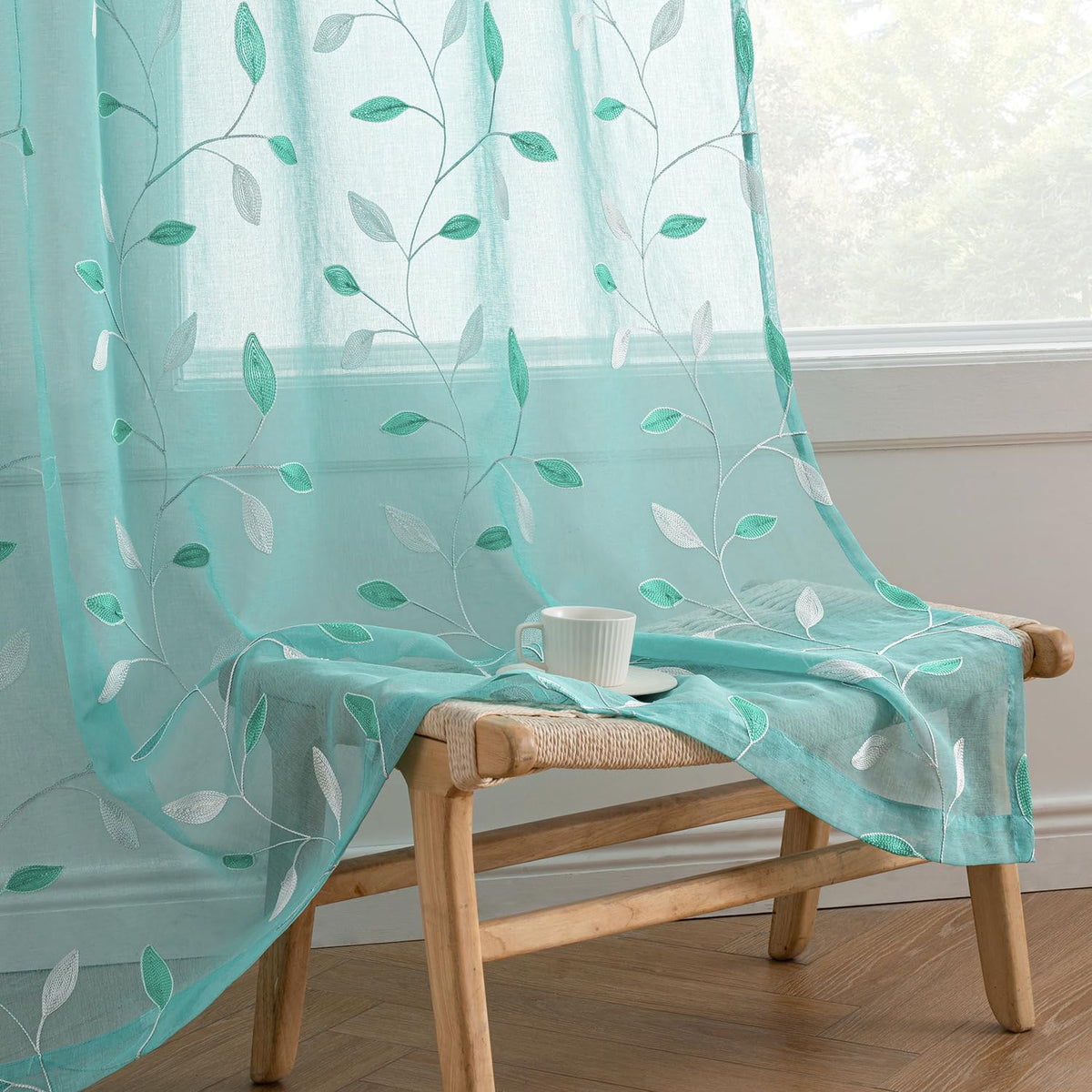 MIULEE Beige Sheer Curtains 2 Panels Embroidered Leaf Patterned, W52 x L63