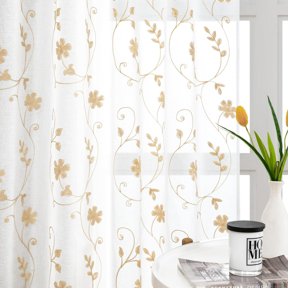 HOMEIDEAS Sage Green Kitchen Tier Curtains Leaf Embroidered, 30x36, 2 Panel