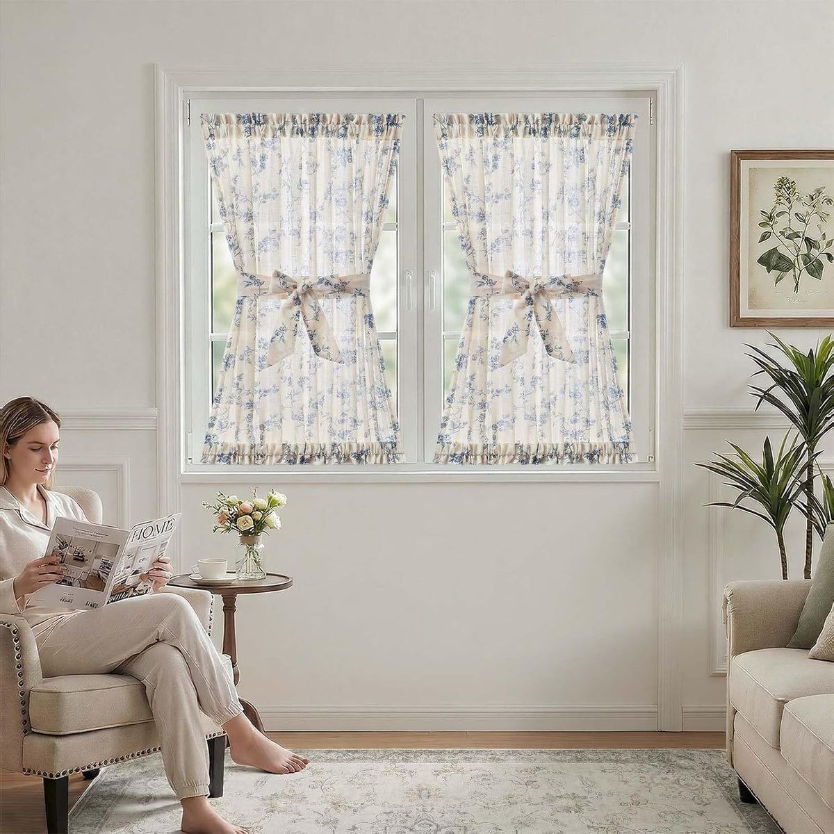 jinchan Blue Linen Floral French Door Curtain 40 Inch Rod Pocket 1 Panel