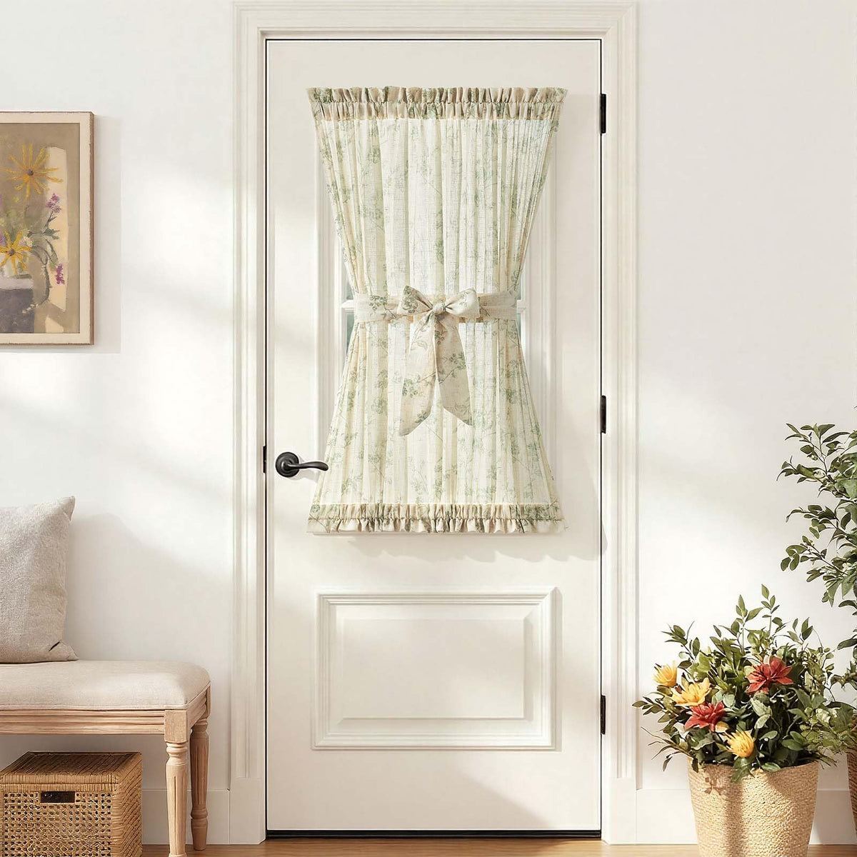 jinchan Blue Linen Floral French Door Curtain 40 Inch Rod Pocket 1 Panel