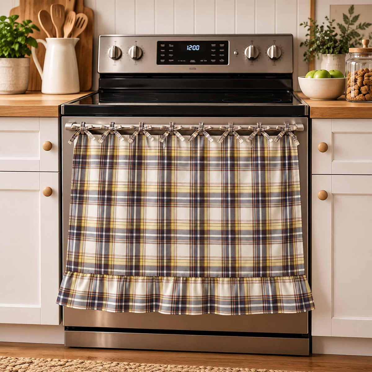 LOSOZO Oat Handmade Oven Skirt for Farmhouse Kitchen Décor, Oven Curtain Tie Top Decorative Cabinet Dish Washer Oven Curtains, Ruffled Fabric Appliance Cover with Ribbon Ties