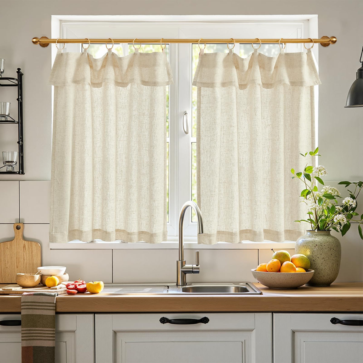 jinchan Linen Pinch Pleated Back Tab Tier Curtains, 26x24, Natural
