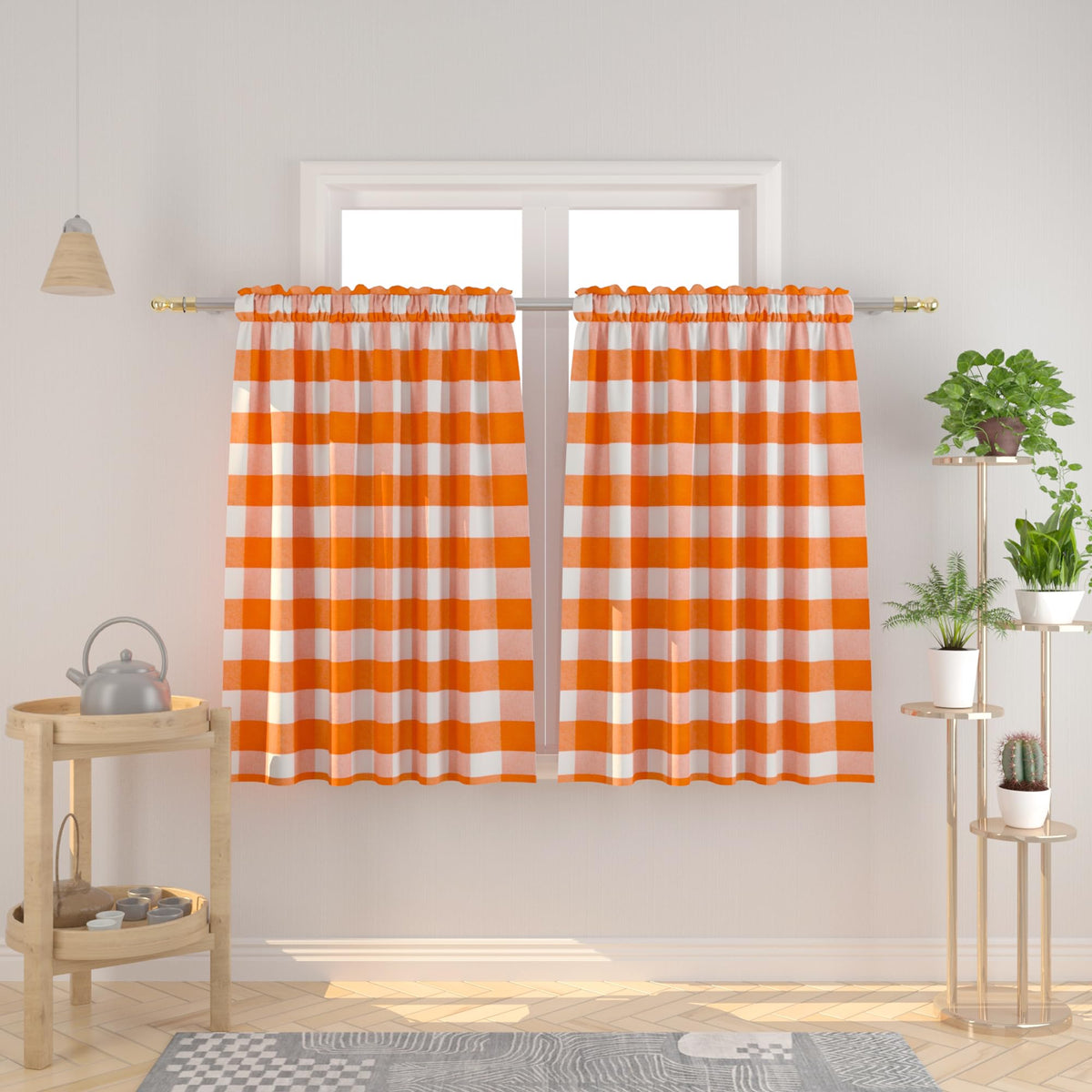 Buffalo Check Kitchen Tier Curtain 24 inches Long Plaid Gingham Rod Pocket Classic Cafe Curtains Country Farmhouse Kitchen Half Window Curtains 2 Panels Beige & White