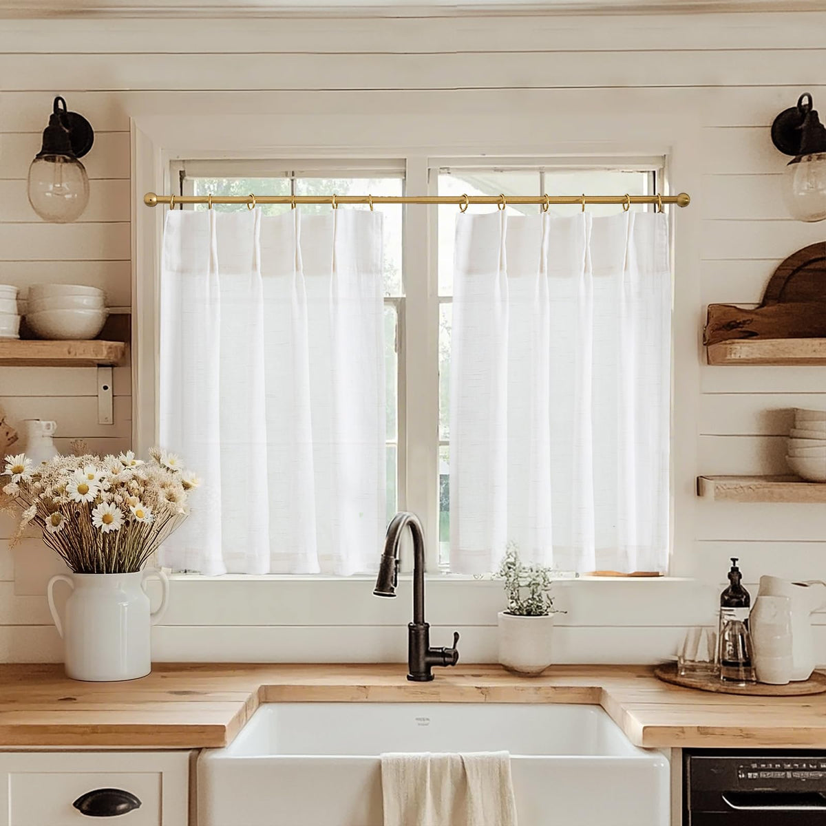 jinchan Linen Pinch Pleated Back Tab Tier Curtains, 26x24, Natural