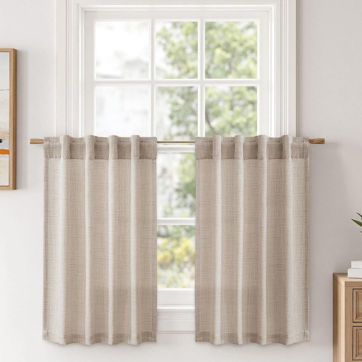 MIULEE 36 Inch Linen Textured Sheer Cafe Curtains Kitchen Window Tan Beige