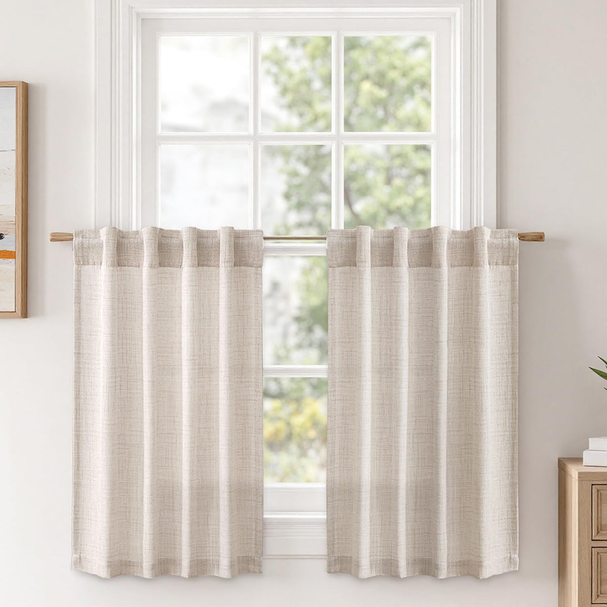 MIULEE 36 Inch Linen Textured Sheer Cafe Curtains Kitchen Window Tan Beige