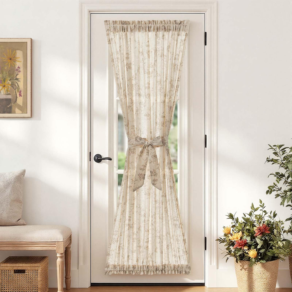 jinchan Blue Linen Floral French Door Curtain 40 Inch Rod Pocket 1 Panel
