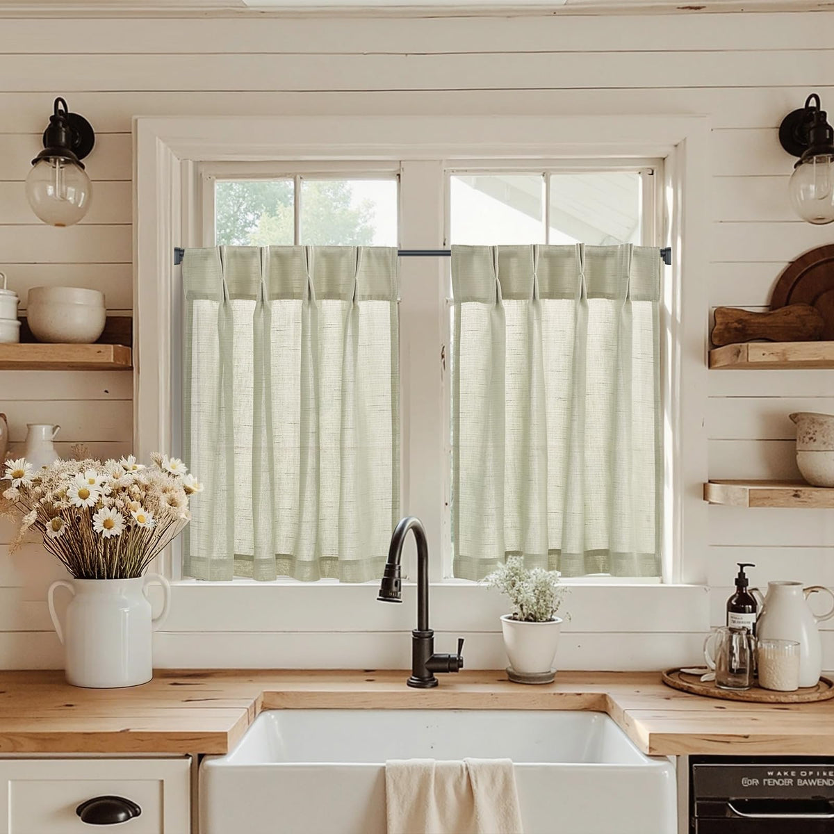 jinchan Linen Pinch Pleated Back Tab Tier Curtains, 26x24, Natural