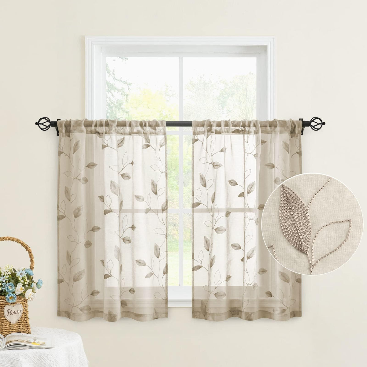 HOMEIDEAS Sage Green Kitchen Tier Curtains Leaf Embroidered, 30x36, 2 Panel