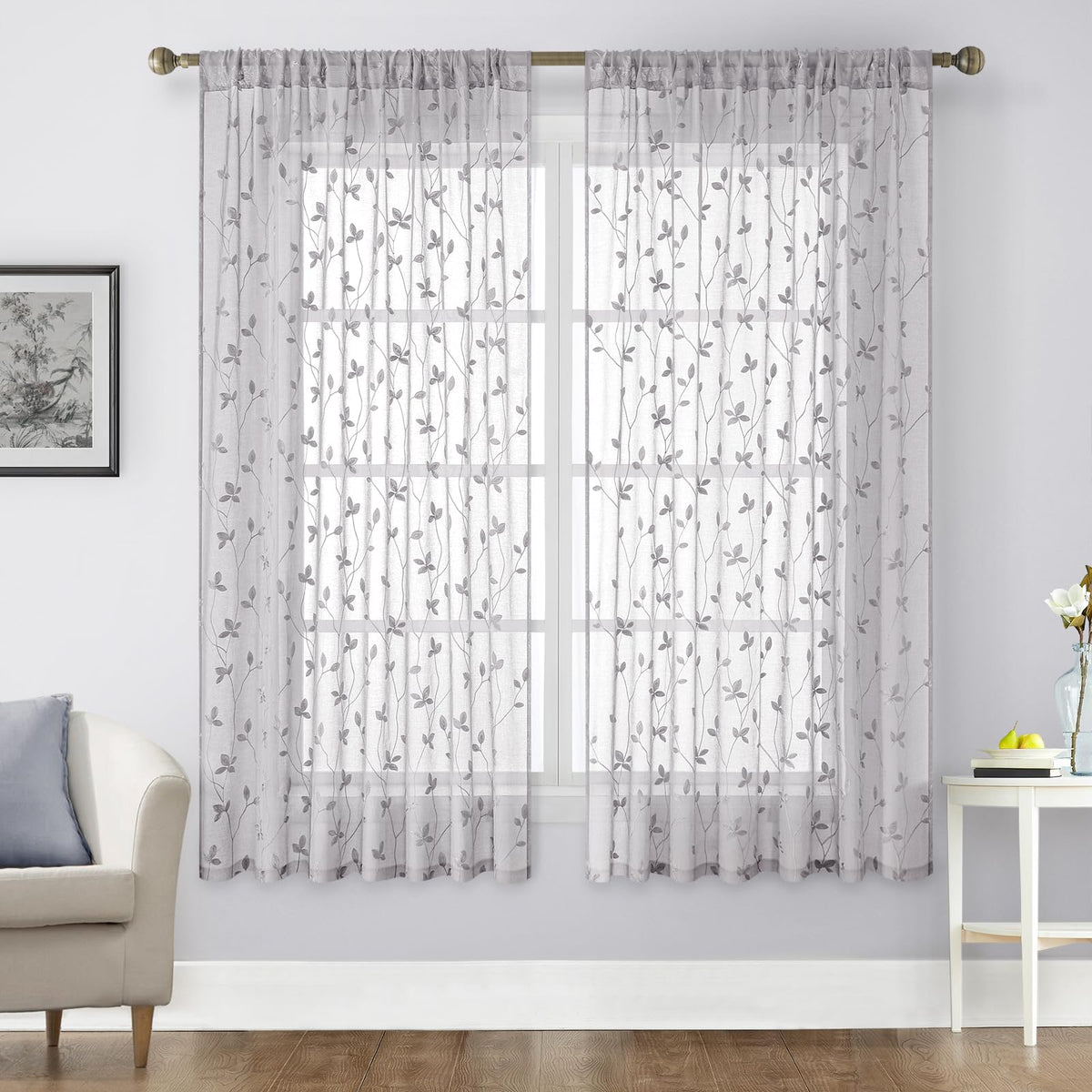 HOMEIDEAS Sage Green Kitchen Tier Curtains Leaf Embroidered, 30x36, 2 Panel