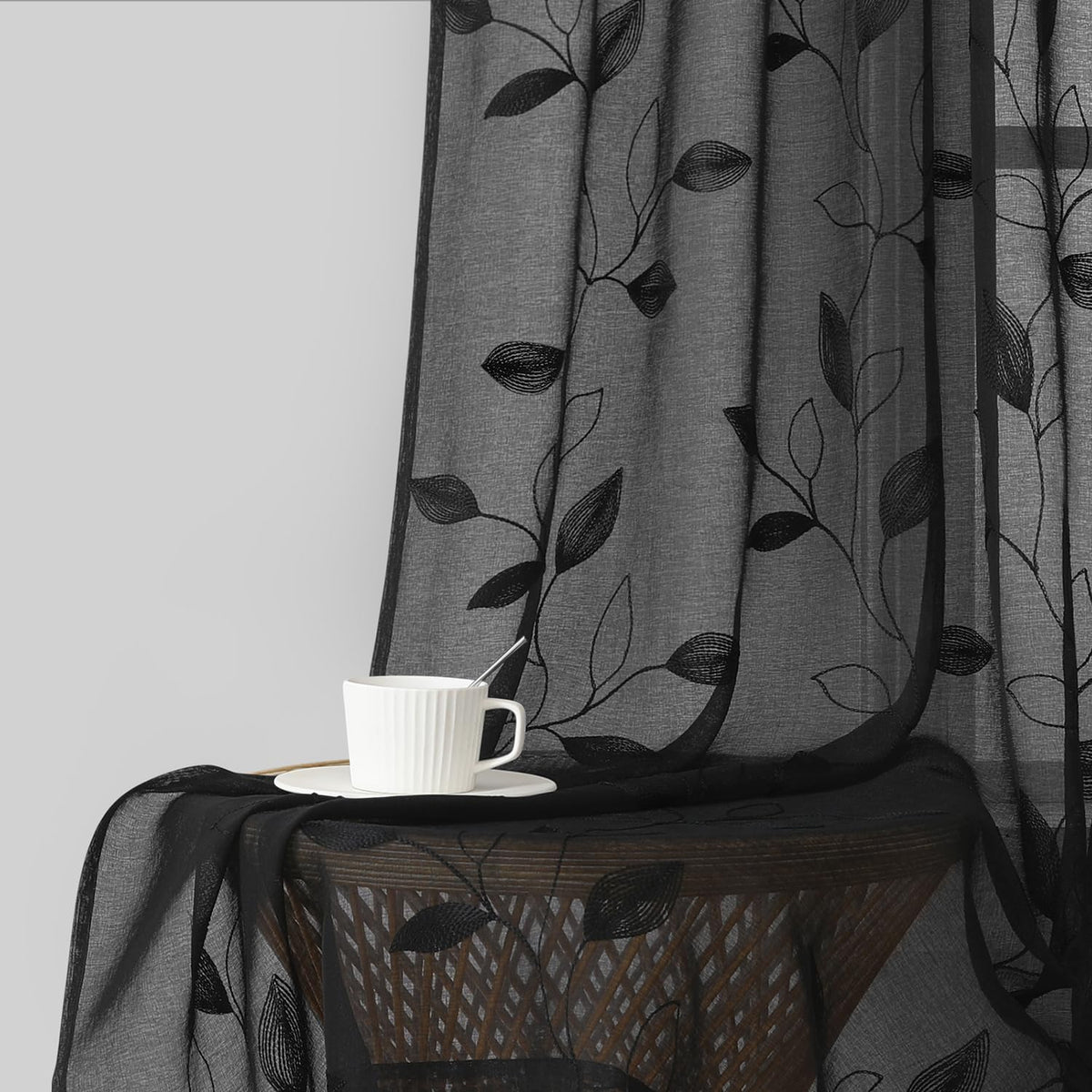 HOMEIDEAS Sage Green Kitchen Tier Curtains Leaf Embroidered, 30x36, 2 Panel