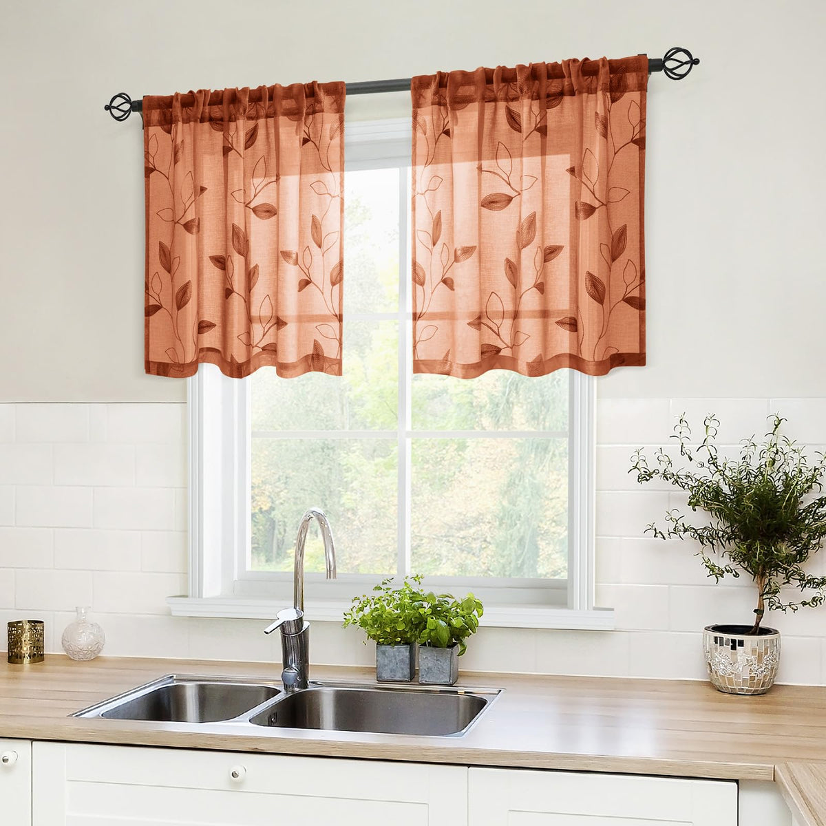 HOMEIDEAS Sage Green Kitchen Tier Curtains Leaf Embroidered, 30x36, 2 Panel