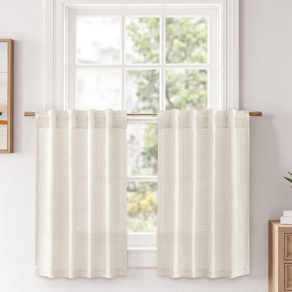 MIULEE 36 Inch Linen Textured Sheer Cafe Curtains Kitchen Window Tan Beige