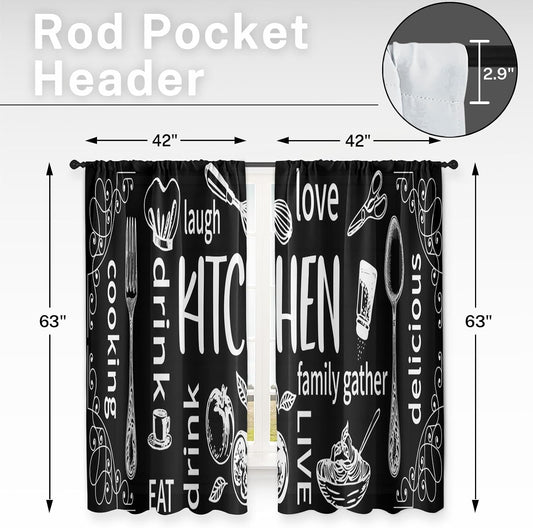 Arttown Kitchen Curtains 63 Inch Length, 2 Pack, Abstract Doodle Modern