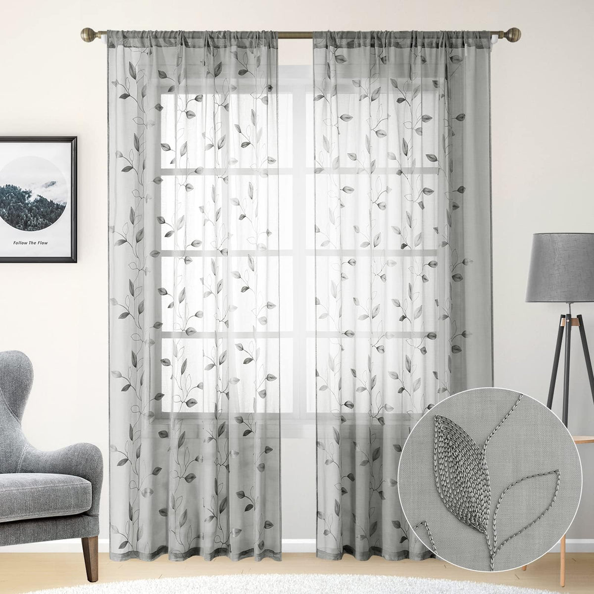 HOMEIDEAS Sage Green Kitchen Tier Curtains Leaf Embroidered, 30x36, 2 Panel