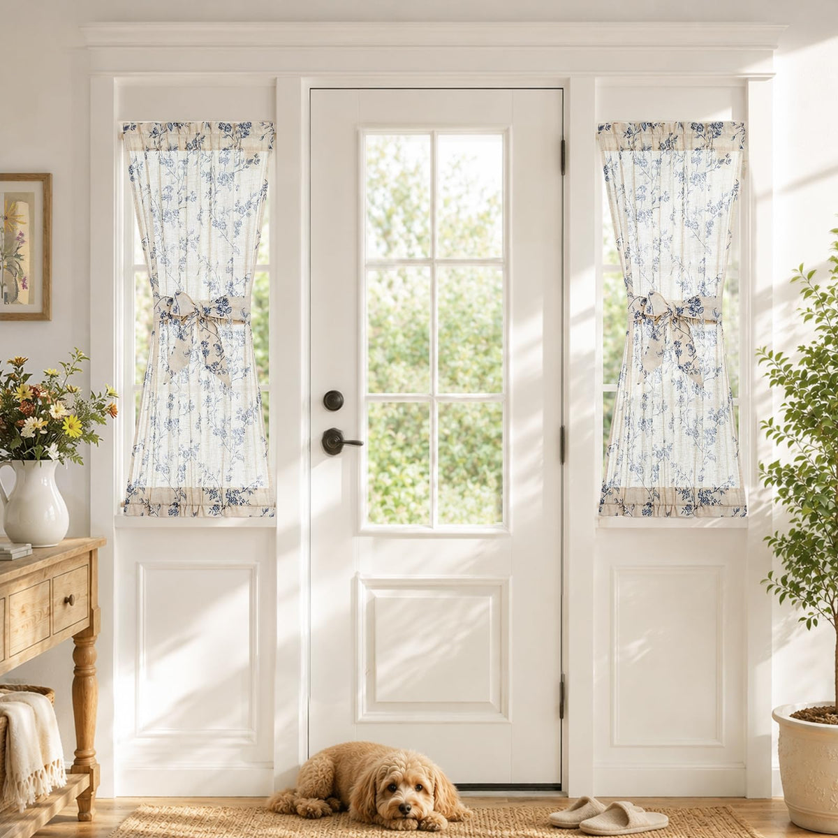 jinchan Blue Linen Floral French Door Curtain 40 Inch Rod Pocket 1 Panel