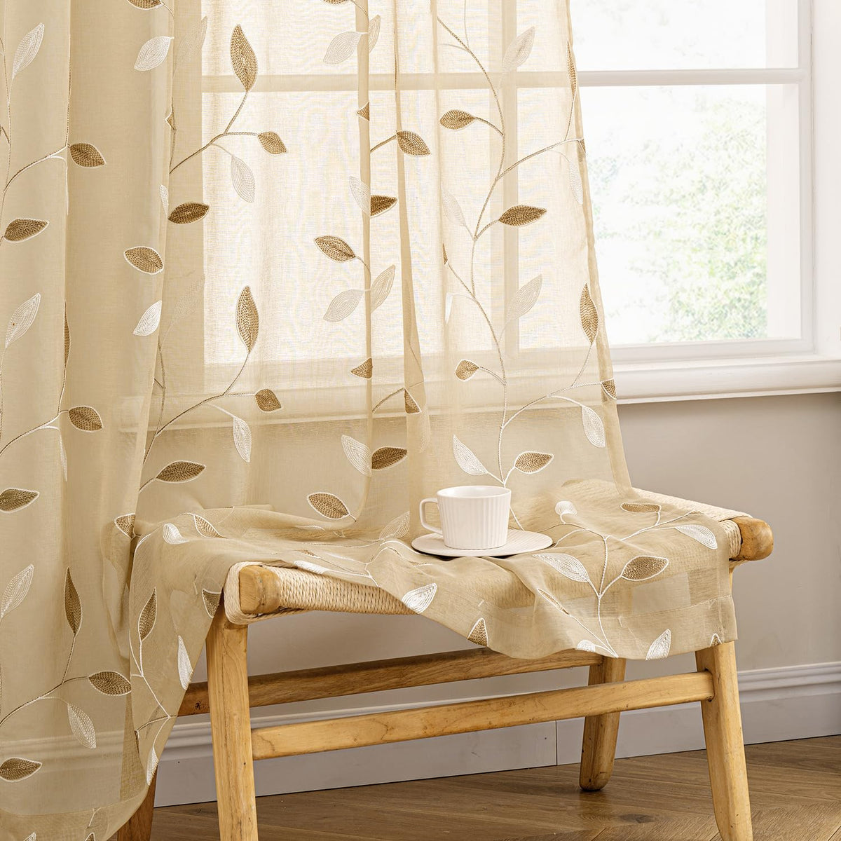 MIULEE Beige Sheer Curtains 2 Panels Embroidered Leaf Patterned, W52 x L63