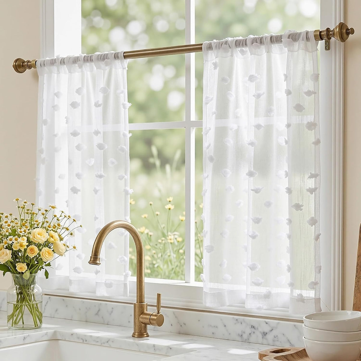 MYSKY HOME White Sheer Curtains 36 inch Length for Small Window,2 Panels