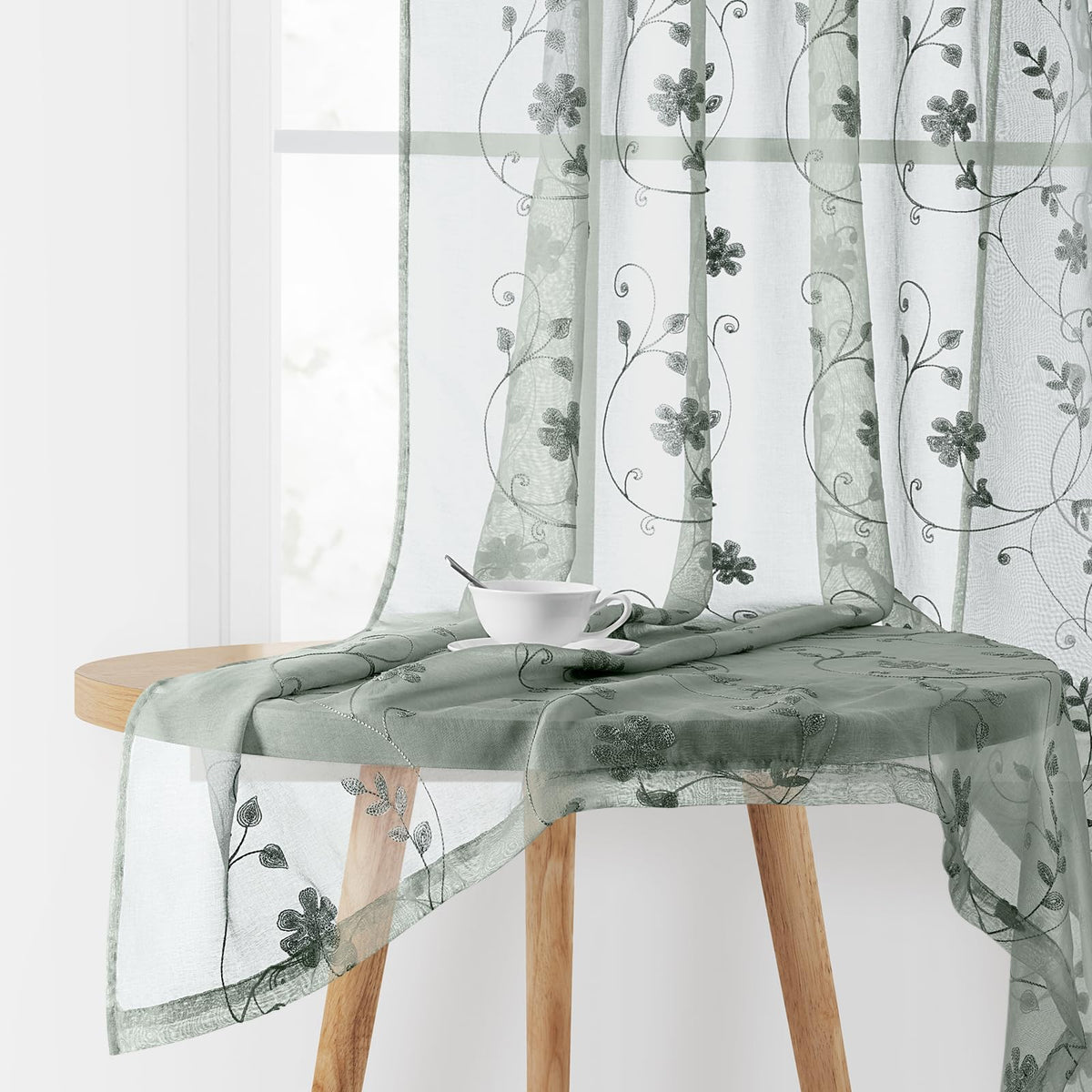 HOMEIDEAS Sage Green Kitchen Tier Curtains Leaf Embroidered, 30x36, 2 Panel