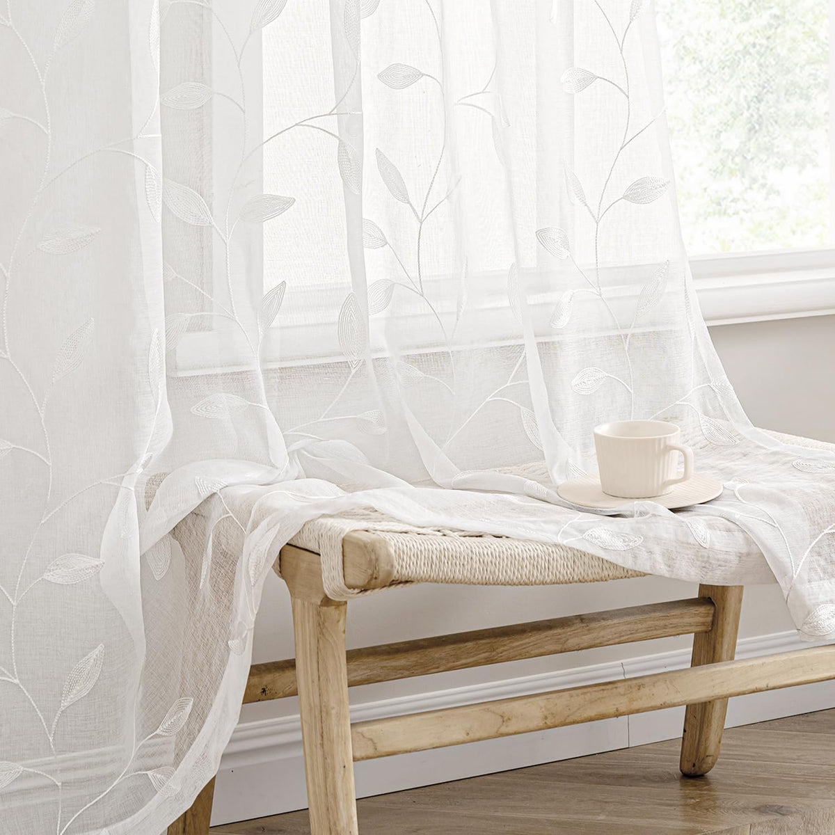 MIULEE Beige Sheer Curtains 2 Panels Embroidered Leaf Patterned, W52 x L63