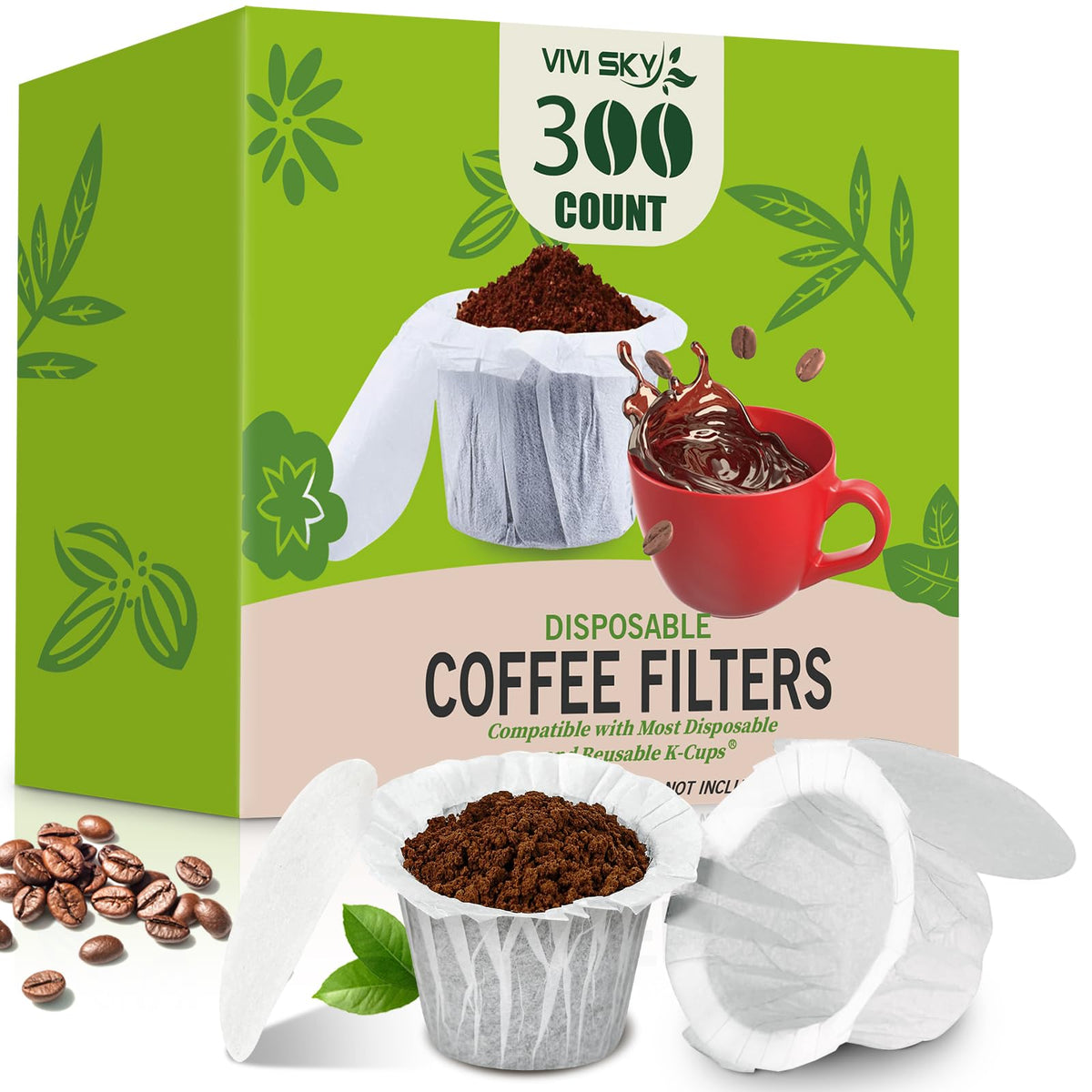 VIVI SKY Disposable K Cup Coffee Filters with Lid: 300 Natural Paper Liners
