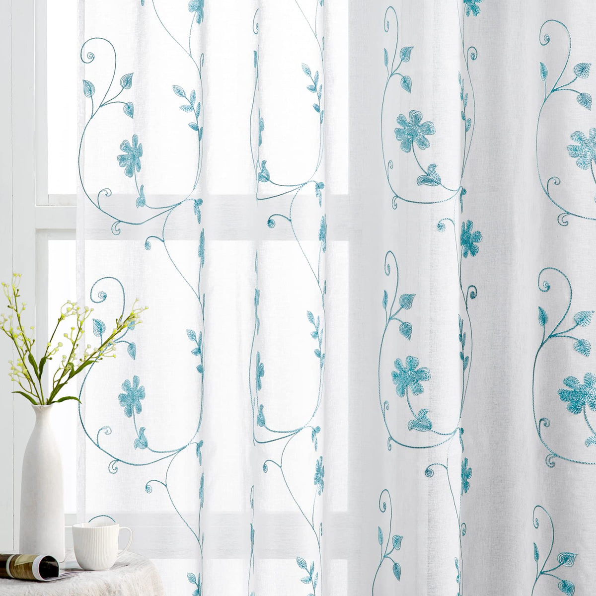 HOMEIDEAS Sage Green Kitchen Tier Curtains Leaf Embroidered, 30x36, 2 Panel