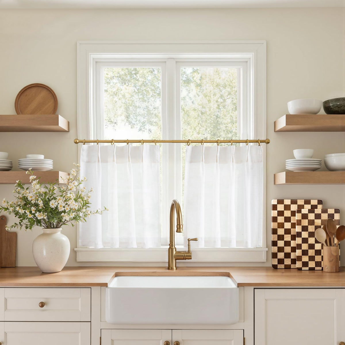 jinchan Linen Pinch Pleated Back Tab Tier Curtains, 26x24, Natural