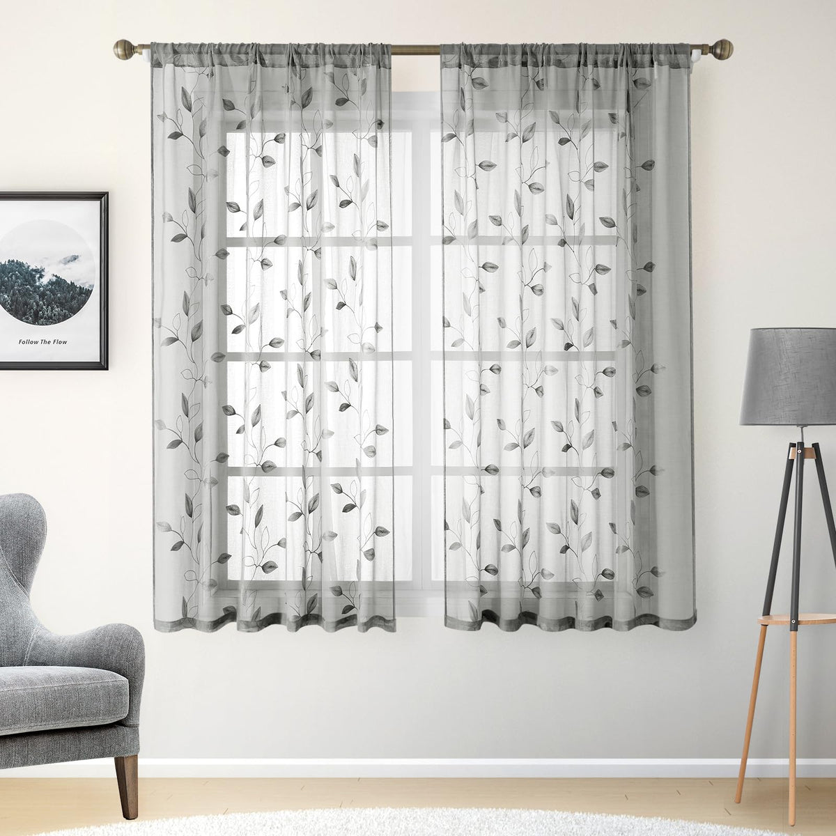 HOMEIDEAS Sage Green Kitchen Tier Curtains Leaf Embroidered, 30x36, 2 Panel