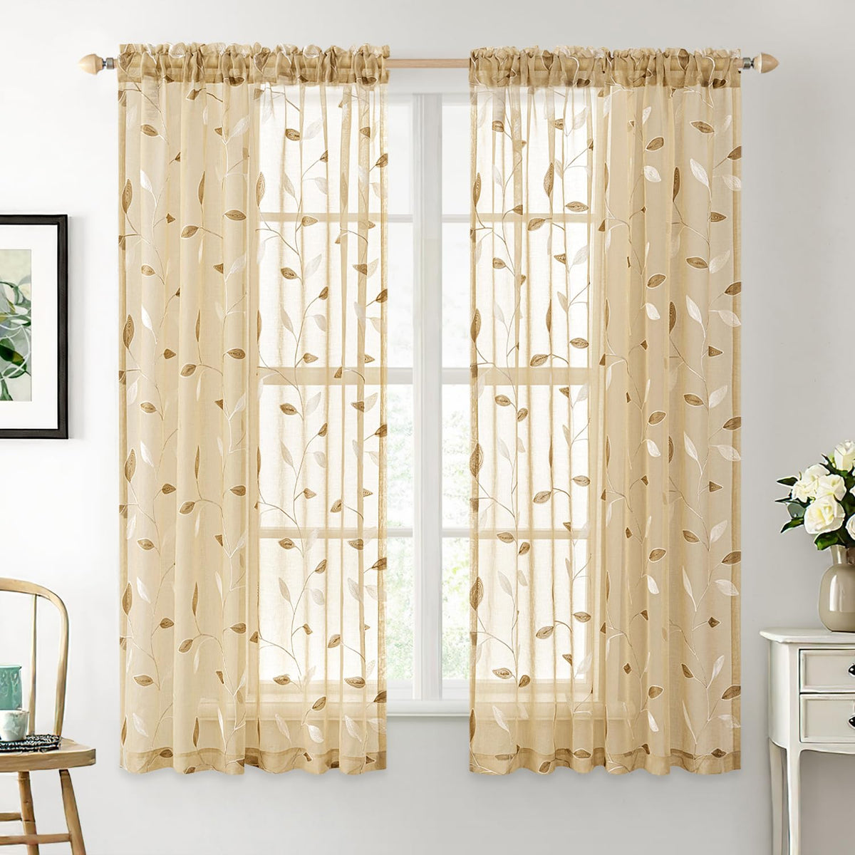 MIULEE Beige Sheer Curtains 2 Panels Embroidered Leaf Patterned, W52 x L63