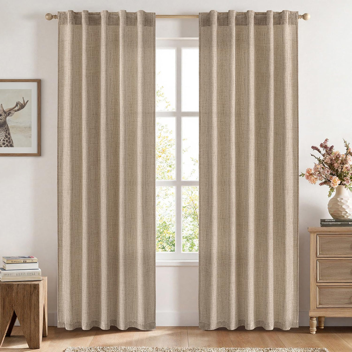 MIULEE 36 Inch Linen Textured Sheer Cafe Curtains Kitchen Window Tan Beige
