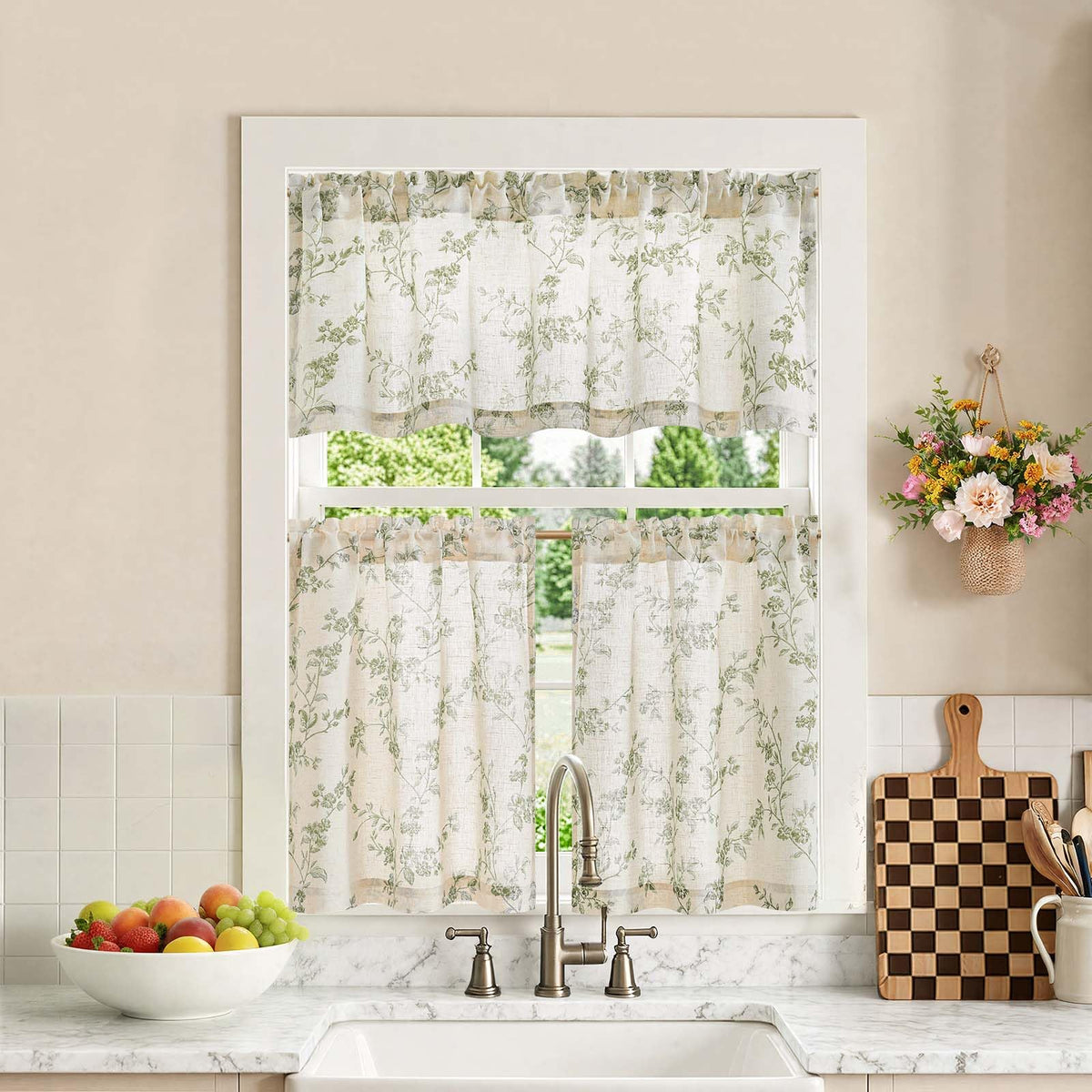 jinchan Green Linen Floral Kitchen Tier Curtains and Valance Set 3 Pieces