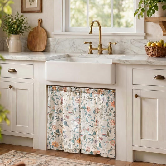 jinchan Hattie Floral Linen Kitchen Tier Curtains Beige 30 in 2 Panels