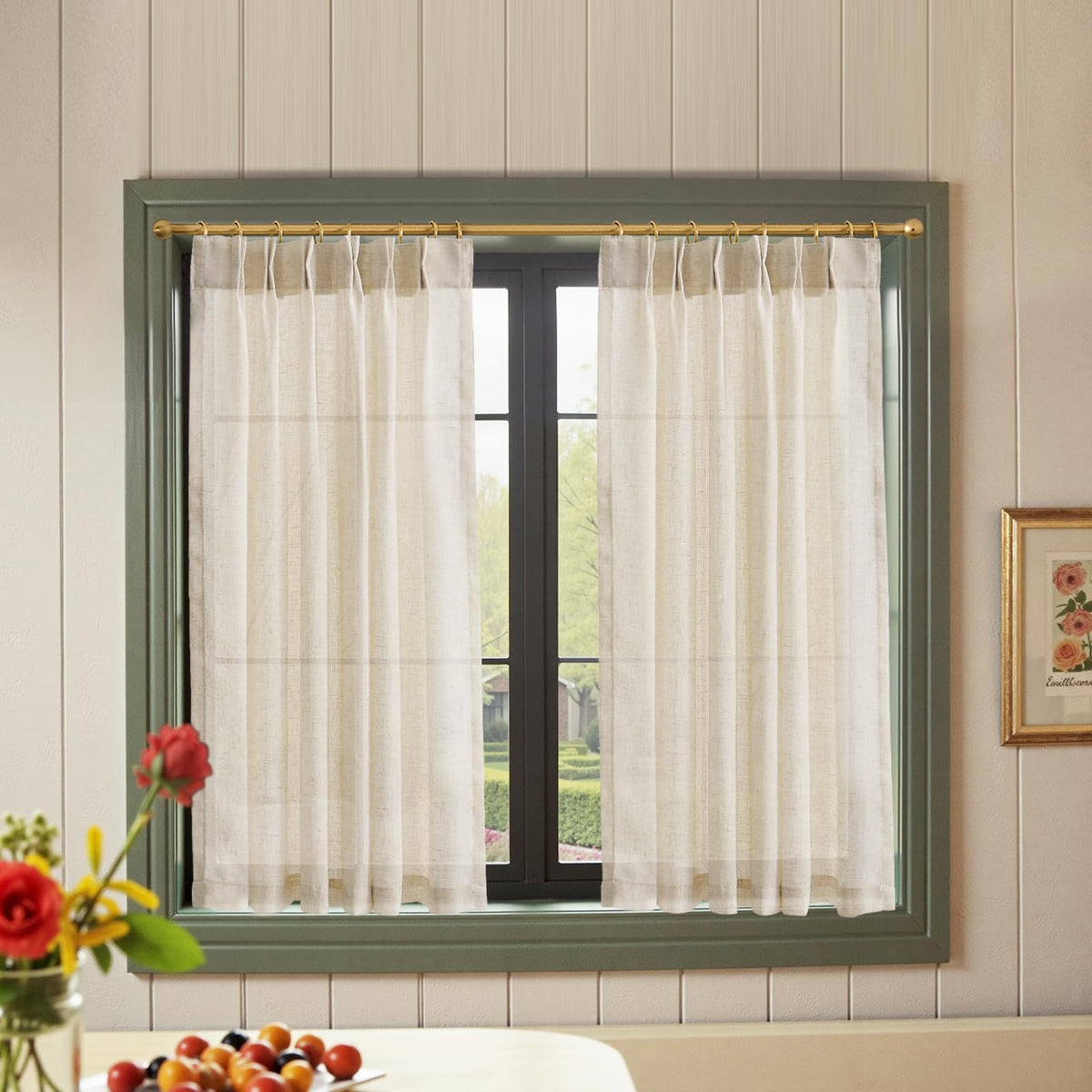 jinchan Linen Pinch Pleated Back Tab Tier Curtains, 26x24, Natural