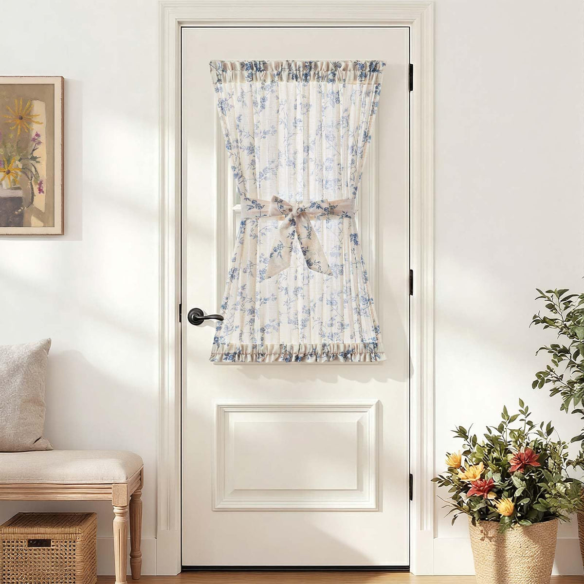 jinchan Blue Linen Floral French Door Curtain 40 Inch Rod Pocket 1 Panel