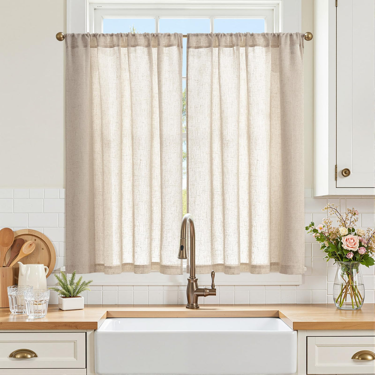 jinchan Linen Pinch Pleated Back Tab Tier Curtains, 26x24, Natural