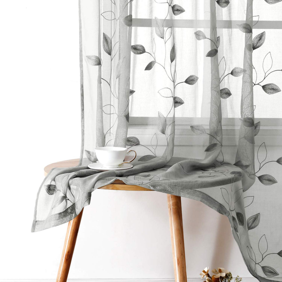 HOMEIDEAS Sage Green Kitchen Tier Curtains Leaf Embroidered, 30x36, 2 Panel