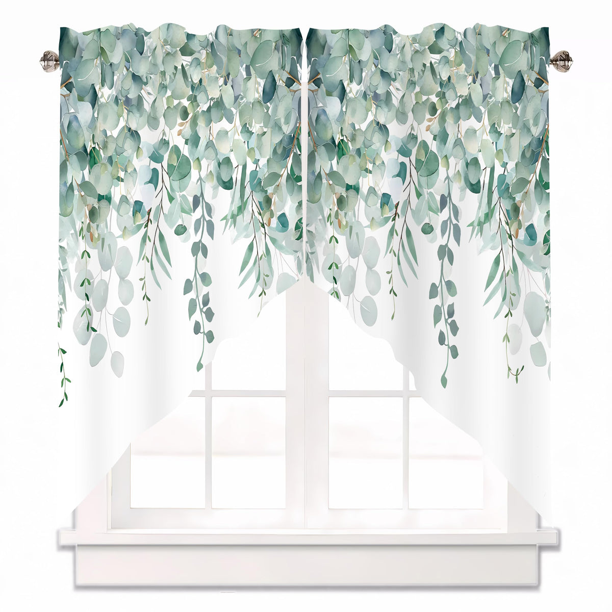 Sage Green Eucalyptus Leaves Swag Curtains 1 Pair, 28x36 in