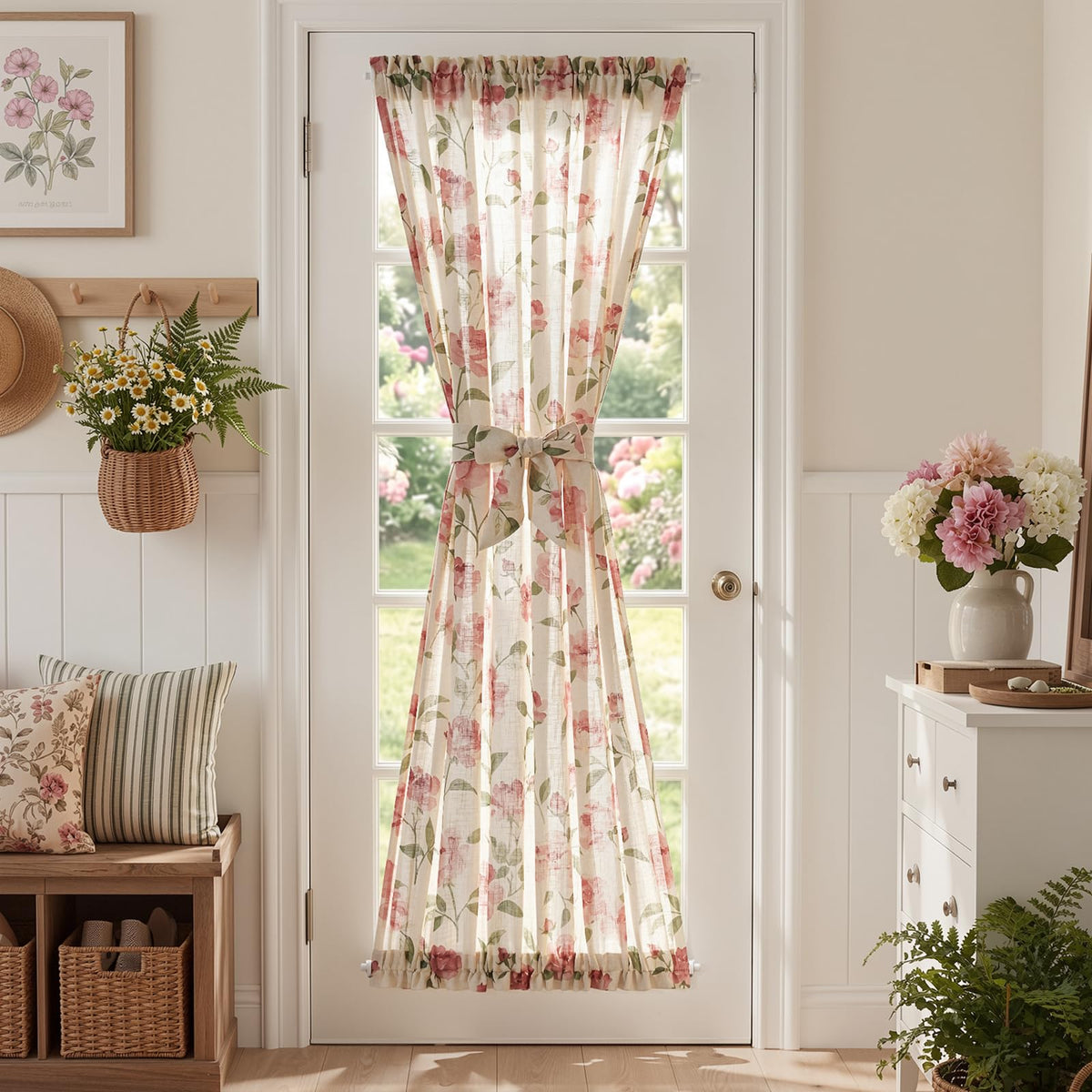 jinchan Blue Linen Floral French Door Curtain 40 Inch Rod Pocket 1 Panel