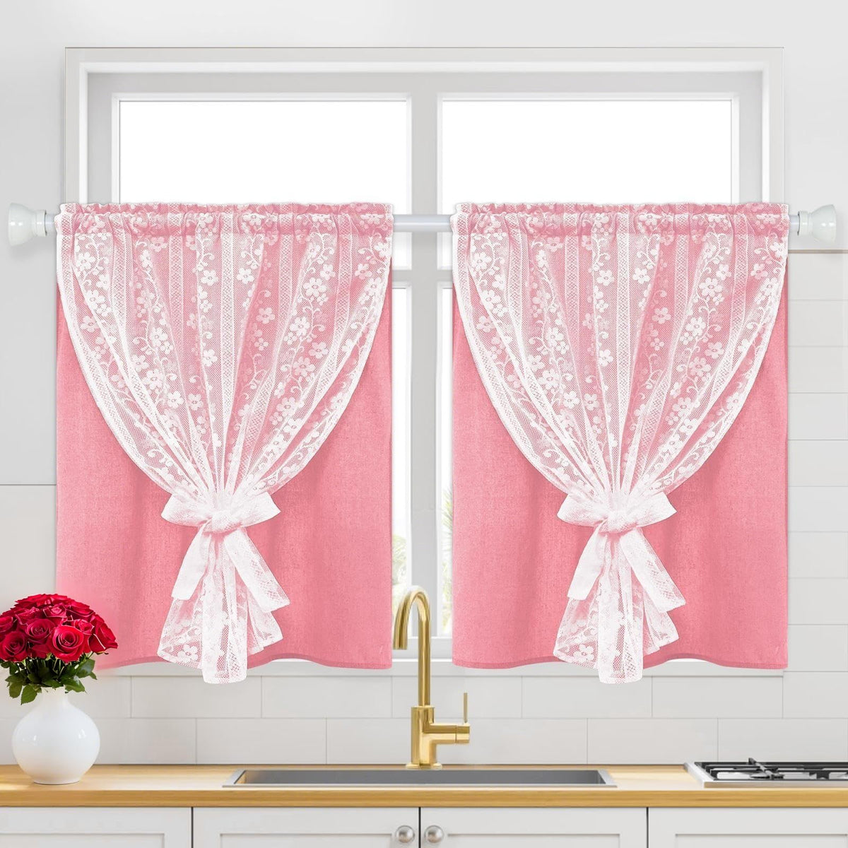 ASPMIZ Linen Kitchen Curtains 36 Inch Length, Double Layered Window Curtain 2 Panel Sets Rod Pocket Short Curtains for Kitchen, Farmhouse Window Treatment Tiers for Bathroom, Cafe, Beige