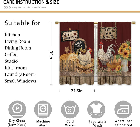 Farmhouse Rooster Kitchen Curtains Rustic Country Bathroom Curtains Window Treatment Drapes Tier Sunflower Vintage Cafe Small Bedroom Short French Door Curtains 2 Panels 27.5x39 Inch