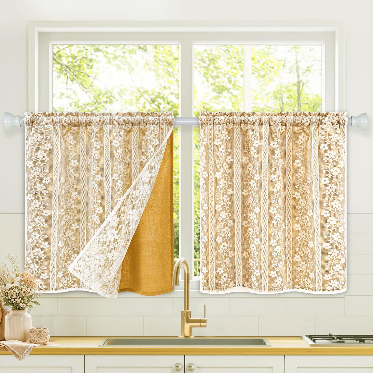 ASPMIZ Linen Kitchen Curtains 36 Inch Length, Double Layered Window Curtain 2 Panel Sets Rod Pocket Short Curtains for Kitchen, Farmhouse Window Treatment Tiers for Bathroom, Cafe, Beige