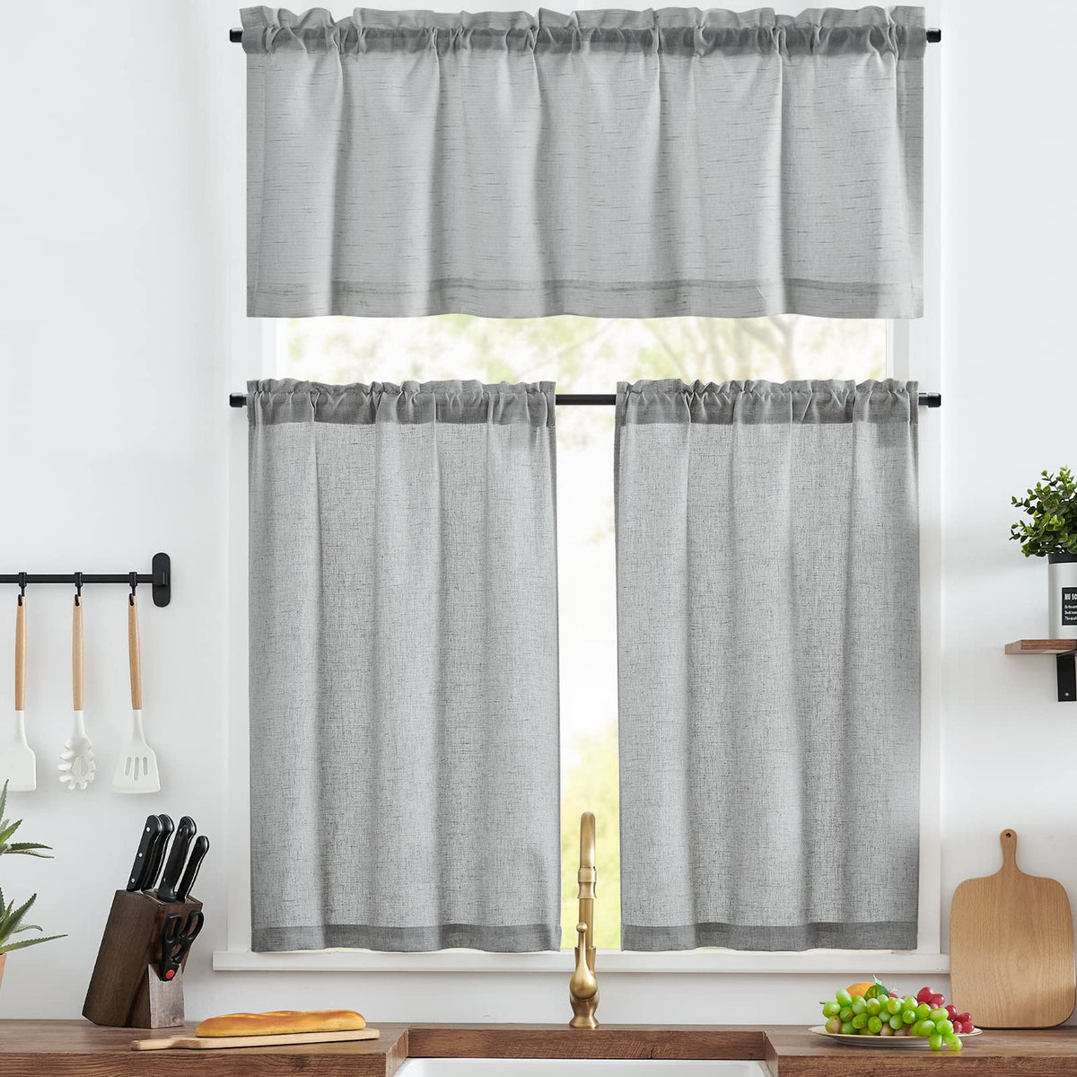 jinchan Linen Pinch Pleated Back Tab Tier Curtains, 26x24, Natural