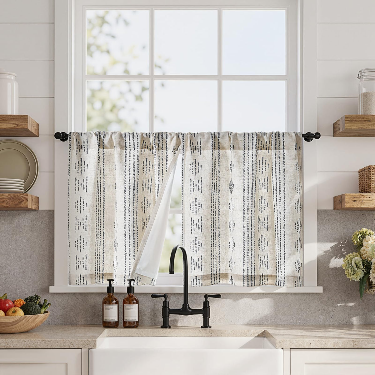 jinchan Blackout Kitchen Tier Curtains 36 Inch Rod Pocket Blue on Beige